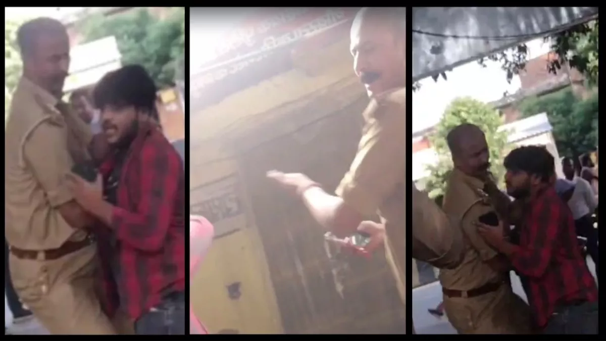 किदवई नगर चौकी में छात्र को पीटता चौकी इंचार्ज।