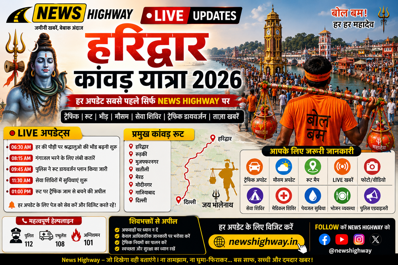 Haridwar Kanwar Yatra 2026 LIVE: हरिद्वार कांवड़ यात्रा की हर अपडेट, ट्रैफिक, मौसम, रूट और ताज़ा खबरें